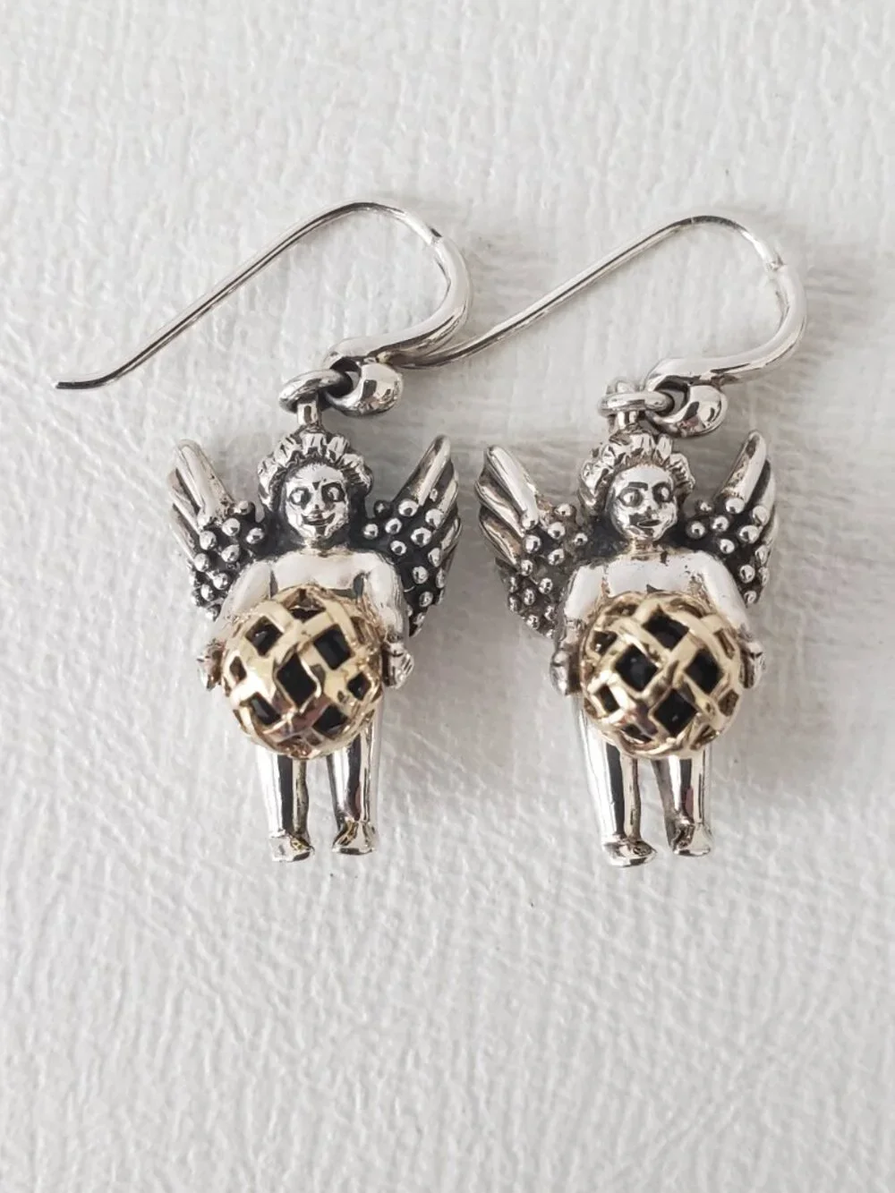 Barry Kieselstein Cord Vintage 14K Gold & Silver Cherub Orb Dangle Earrings